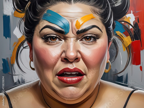Emotive Portrait - Close-up of a Plus-size Latino Woman with Frustrated Posture in Abstract Expressionist Painting Gen AI photo
