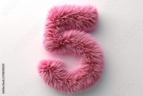 Cute pink number 5 or five as fur shape, short hair, white background, 3D illusion, storybook style photo