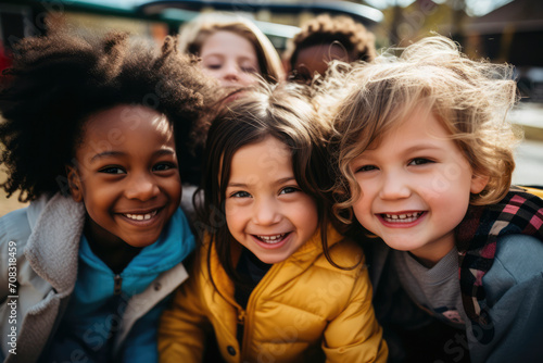 A diverse group of children, various abilities and backgrounds, play joyfully on an inclusive playground, celebrating unity, laughter, and acceptance 