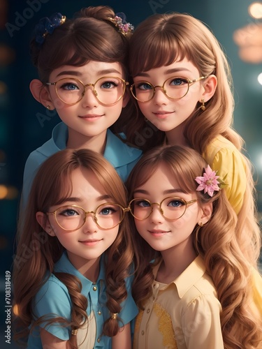 portrait of four cute girls with spectacles