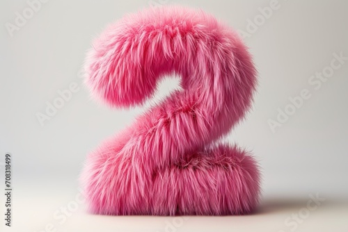 Cute pink number 2 or two as fur shape, short hair, white background, 3D illusion, storybook style