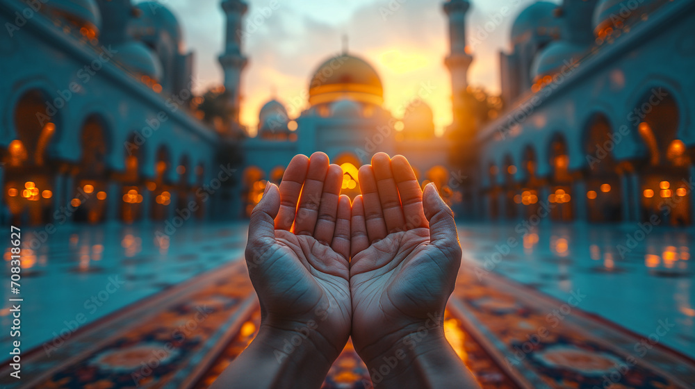Muslim hands praying in the mosque background - obrazy, fototapety, plakaty 