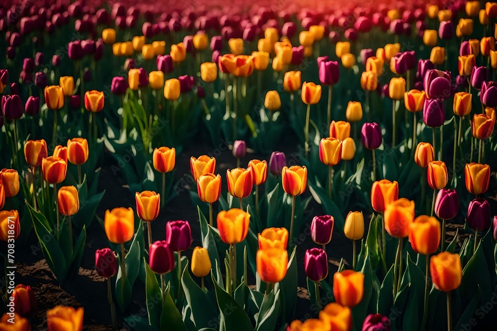 Immerse yourself in the vibrant beauty of a Tulip spring flower field garden, a symphony of colors under the perfect lighting.