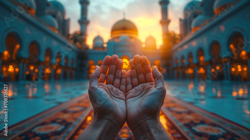 Muslim hands praying in the mosque background