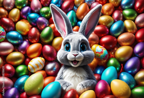 Colorful Easter eggs surrou...