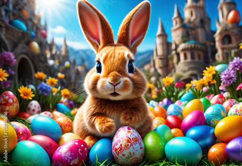 Colorful Easter eggs surrou...