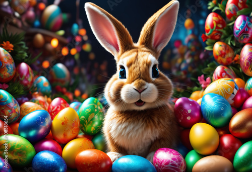 Colorful Easter eggs surrou...