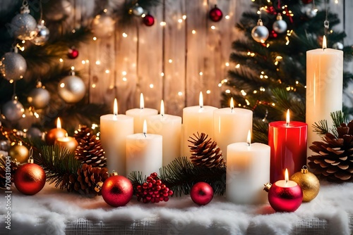 burning candles with christmas decor in white cozy interior beautiful view 