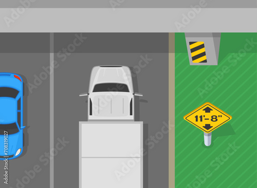 Traffic regulation tips and rules. Top view a semi trailer going under the bridge with low clearance sign. Flat vector illustration template. 
