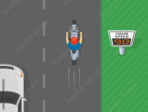 Traffic regulation tips and rules. Top view a motorcycle rider moving over speed limit on road. Speed display sign area. Flat vector illustration template. 