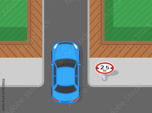 Traffic regulation tips and rules. Top view a sedan car entering width limit road. Flat vector illustration template. 
