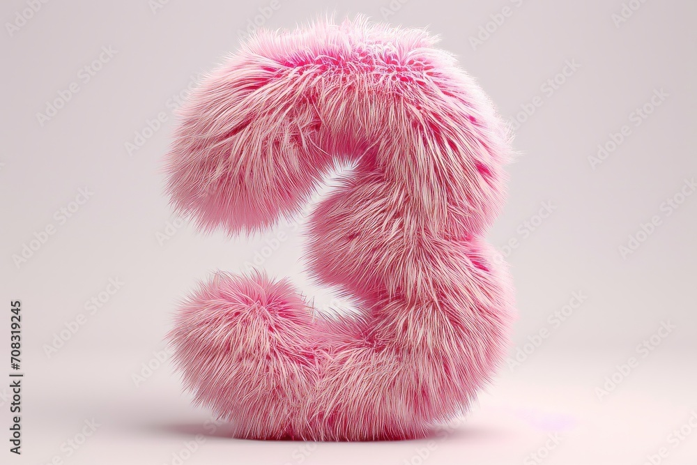 Cute pink number 3 or three as fur shape, short hair, white background, 3D illusion, storybook style Cute pink number 3 or three as fur shape, short hair, white background, 3D illusion, storybook style
