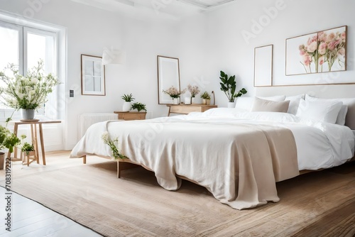 A cozy bed with beige linen is placed in a bright white bedroom with flowers on a bedside table