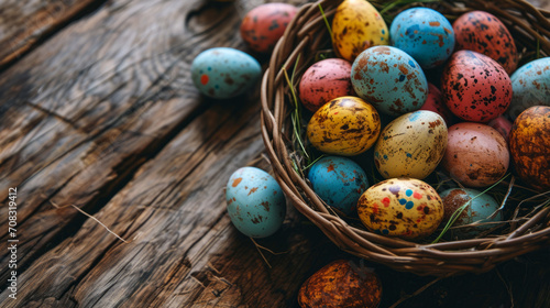 Colorful speckled Easter eggs in a nest on rustic wood background.
