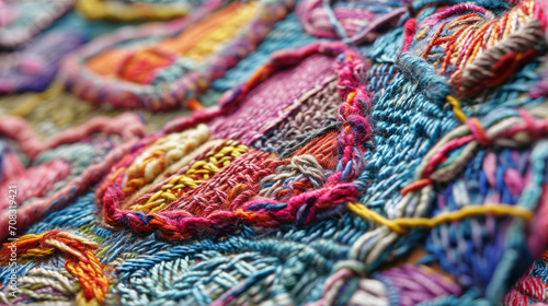 Close-up of colorful embroidered hearts on fabric with intricate patterns.