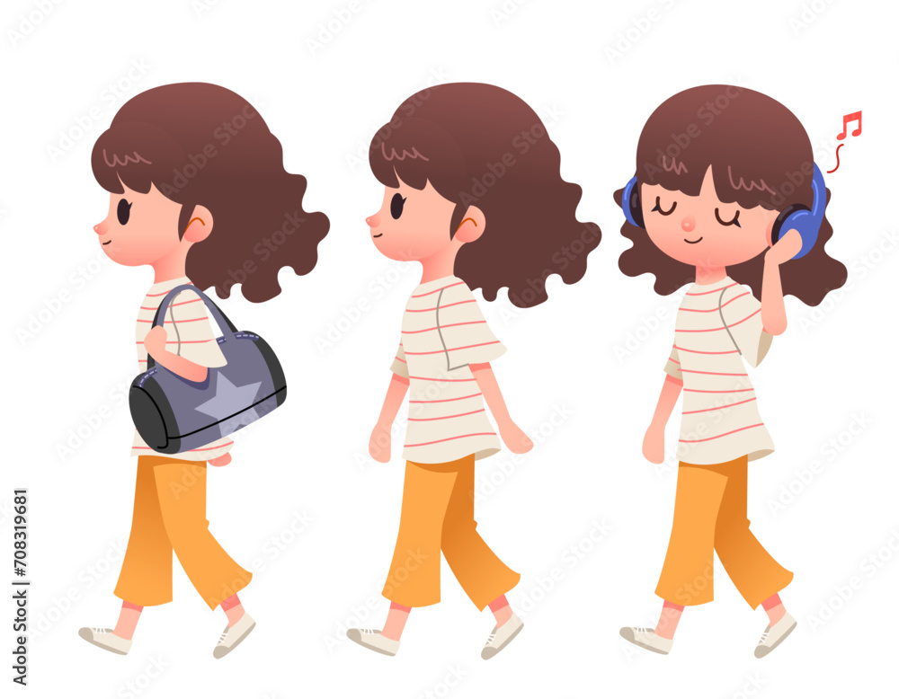 Vector collection of cute teenager girls characters in stylish clothing. Female characters walking, side view, carrying a bag, and listening to music, on white background Vector collection of cute teenager girls characters in stylish clothing. Female characters walking, side view, carrying a bag, and listening to music, on white background