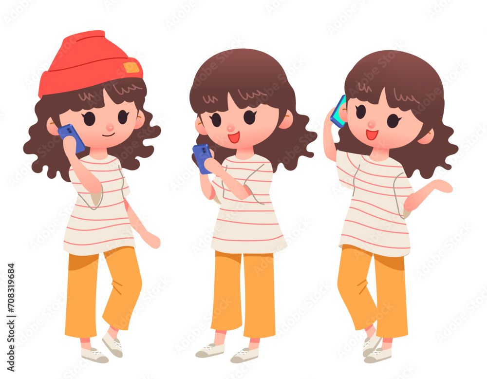 Vector collection of cute teenager girls characters in stylish clothing. Female characters in difference poses , talking on mobile phone. Isolated on white background Vector collection of cute teenager girls characters in stylish clothing. Female characters in difference poses , talking on mobile phone. Isolated on white background
