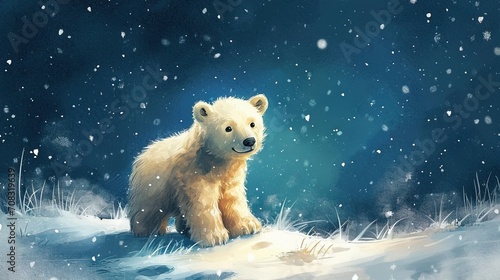 Watercolor cute happy polar bear in a winter's tale. Vintage style. Great as birth card for baby.