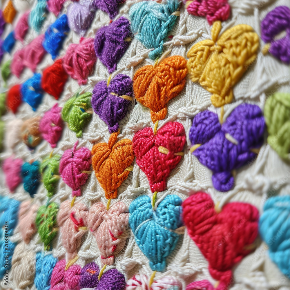 Multicolored crochet hearts, textured handmade blanket, vibrant yarn love symbols, craft and hobby background.