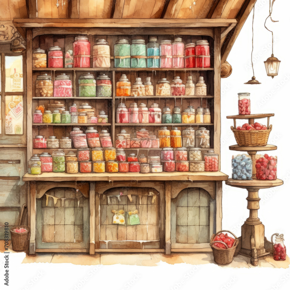 Old-fashioned candy shop illustration with jars on shelves.