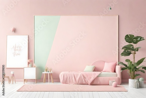 mockup wall art in pastel pink and green kids room or nursery with soft plush furnishings  add your own artwork to the frame