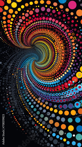 Colorful neon spiral dots, vibrant twirl abstract, rainbow halftone twist, psychedelic circular pattern.