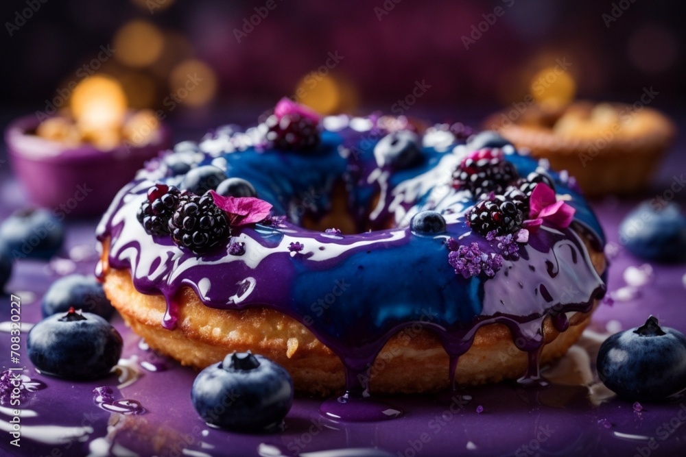 Blueberry glazed doughnut in studio lighting and background, cinematic food donut photography 