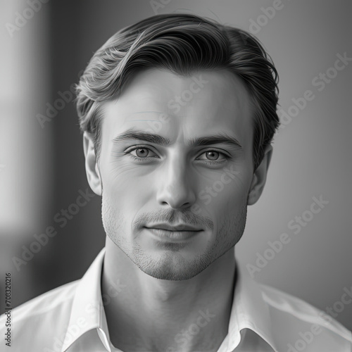 Timeless Sophistication - Close-up portrait of a slight, fair-skinned young adult white man with a strong, contented expression in elegant black and white film photography Gen AI photo