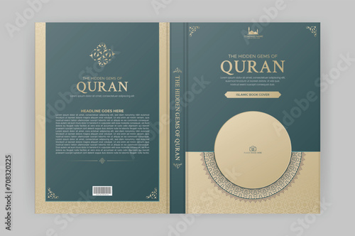 Islamic colorful decorative book cover template with Arabic border and photo frame