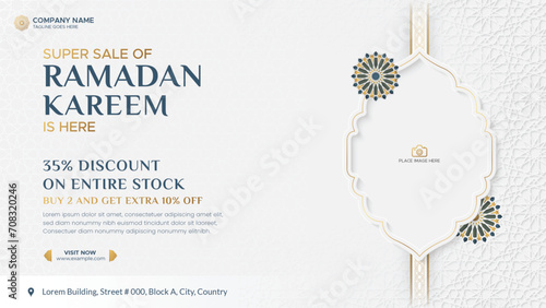 Ramadan Kareem Sale Banner Islamic Ornament Lantern Background, Ramadan sale social media post with empty space for photo