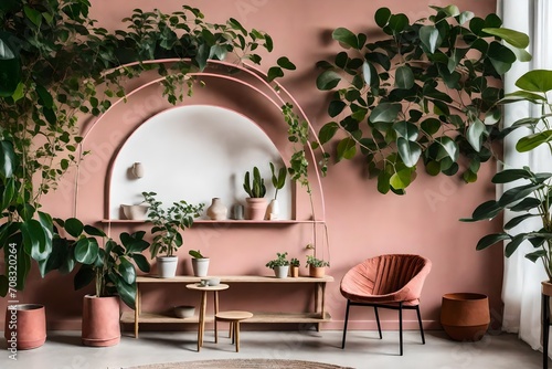 Modern composition of wabi sabi interior with arch shelf with home decoration and pink chair. Stylish conceptual interior of living room. Green ficus elastica plants in terracotta pots