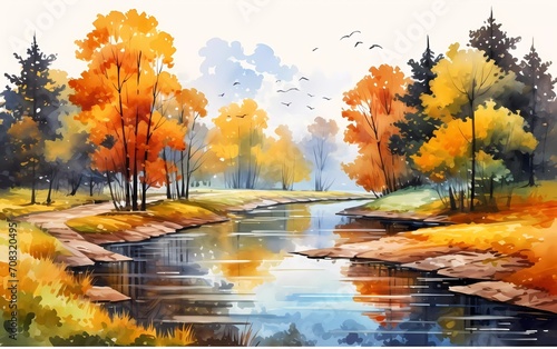 autumn landscape. with meandering river, water, reflection, forest, autumn trees, colorful leaves, in watercolor style. generative ai