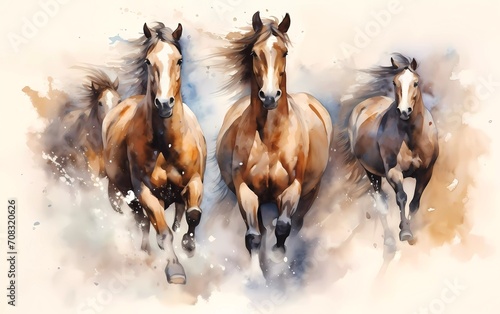 Artistic image of a herd of horses. collection of canvas art animal paintings  in watercolor style. generative ai