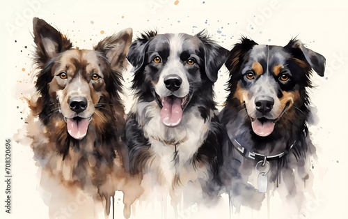 Artistic image of a pack of dogs. collection of canvas art animal paintings  in watercolor style. generative ai
