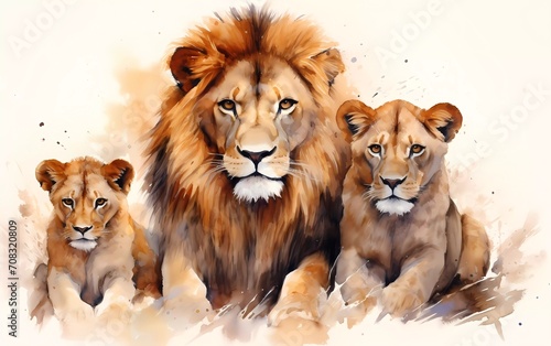Artistic image of a herd of lions. collection of canvas art animal paintings, in watercolor style. generative ai