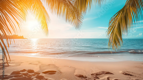 Tropical sand sunset on the beach with palm trees landscape