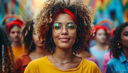 Portrait of a beautiful African American woman at a protest defending women's rights. Horizontal image.