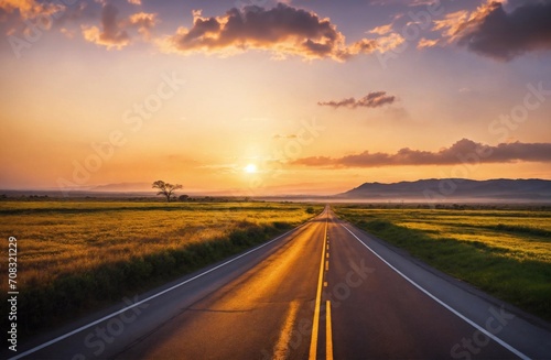 Road scenery in natural with morning sunshine, beautiful sky generative ai illustration art © gmm2000