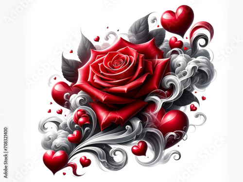  wide screen size illustration of a red rose and hearts wrapped in smoke swirls, set against a white background. 