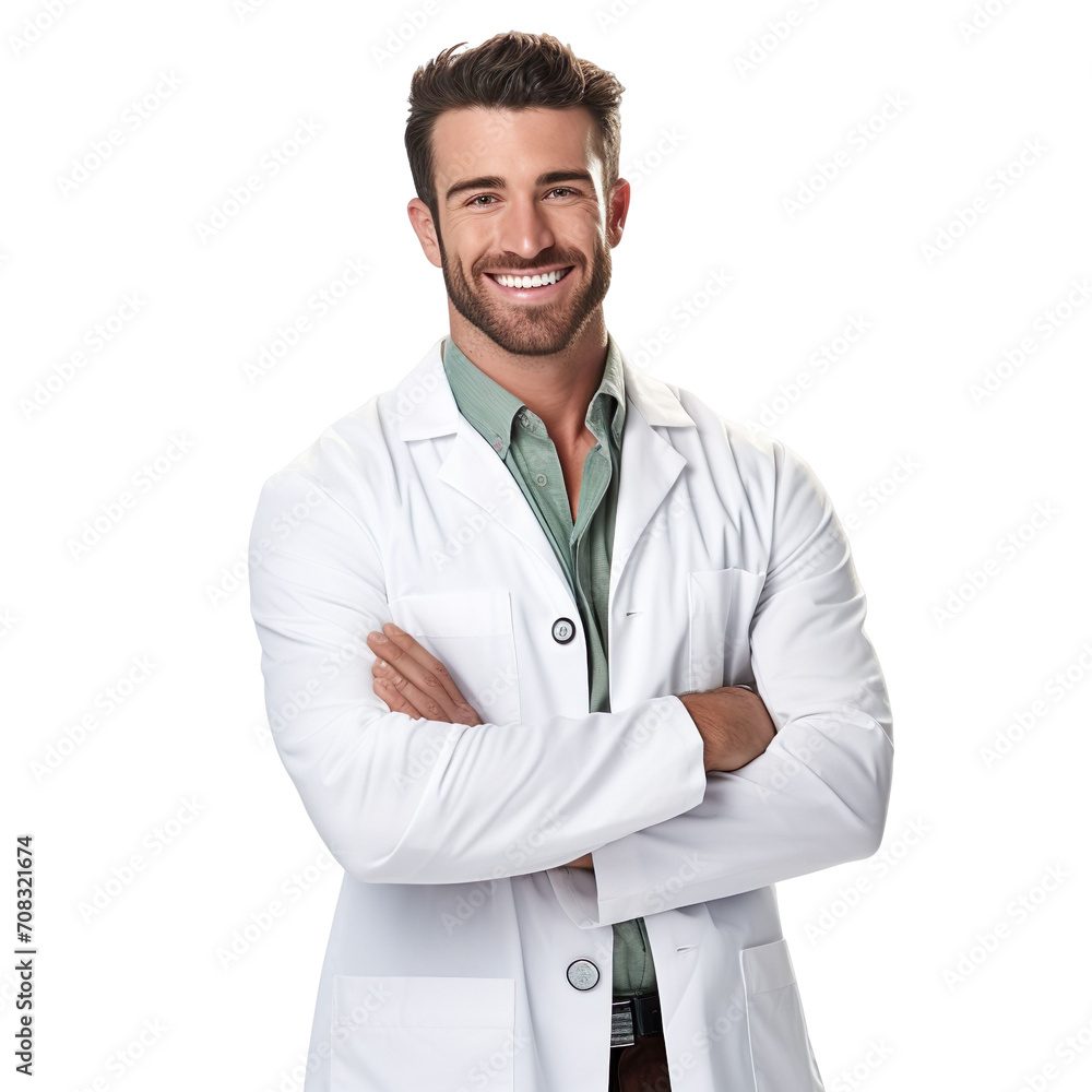 Front view of an extremely handsome Caucasian white male model dressed as a Forensic Scientistsmiling with arms folded, isolated on a white transparent background Front view of an extremely handsome Caucasian white male model dressed as a Forensic Scientistsmiling with arms folded, isolated on a white transparent background
