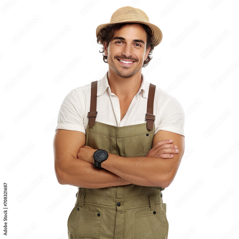 Front view of an extremely handsome Caucasian white male model dressed as a Gardener smiling with arms folded, isolated on a white transparent background Front view of an extremely handsome Caucasian white male model dressed as a Gardener smiling with arms folded, isolated on a white transparent background