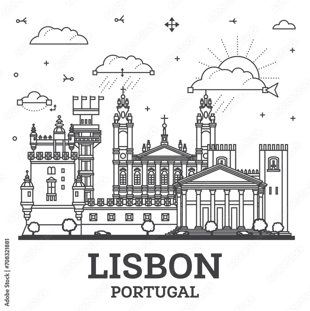 Outline Lisbon Portugal city skyline with modern and historic buildings isolated on white. Lisbon cityscape with landmarks.