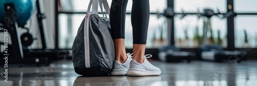 Cropped shot of fit sporty woman in sportswear with gym bag wearing toned yoga pants and sneakers getting ready for exercise session at gym