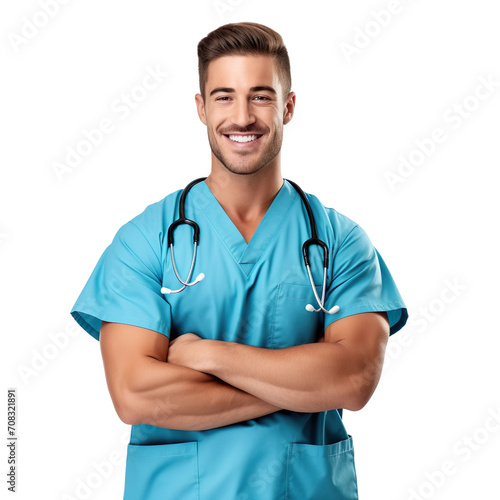 Front view of an extremely handsome Caucasian white male model dressed as a Nurse smiling with arms folded, isolated on a white transparent background