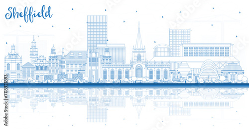 Outline Sheffield UK City Skyline with Blue Buildings and reflections. Sheffield South Yorkshire Cityscape with Landmarks. Travel and Tourism Concept with Historic Architecture.