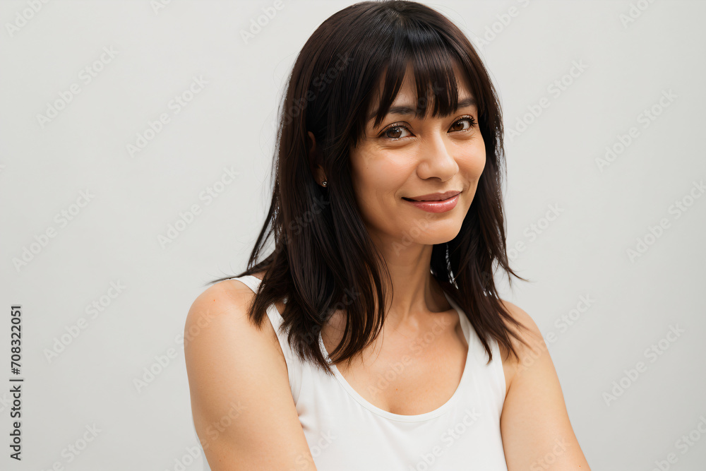 portrait of happy middle aged woman looking into camera with a white background portrait of happy middle aged woman looking into camera with a white background