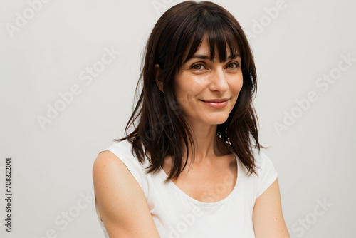 portrait of happy middle aged model woman looking into camera with a white background