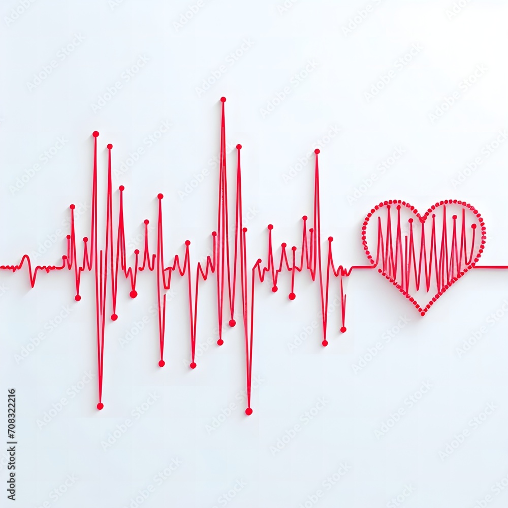 Red heart and electrocardiogram on white background. 3d render