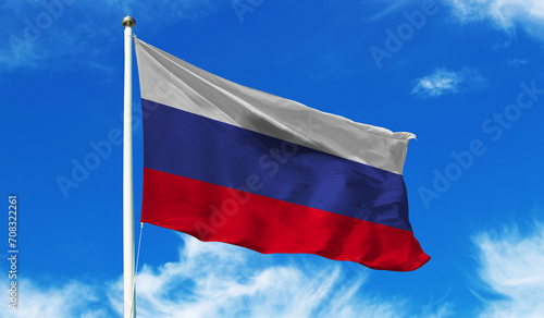 Russian flag waving against blue sky