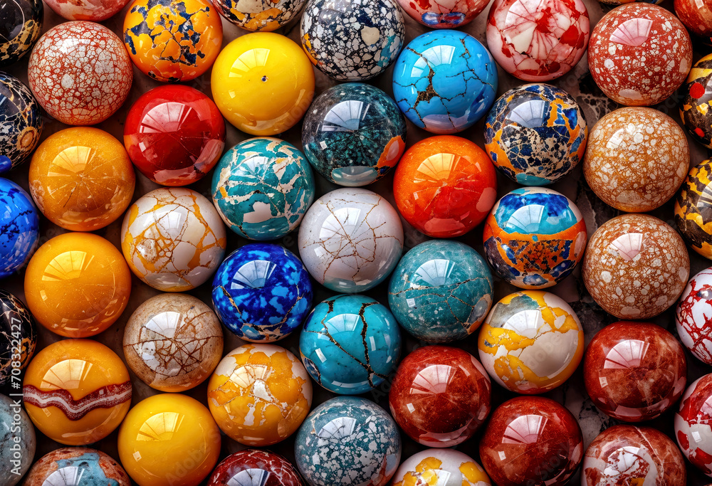 Rows of colorful patterned marbles lined up on a table, generative ai Rows of colorful patterned marbles lined up on a table, generative ai
